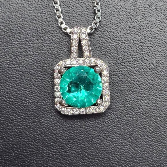 Square Halo Pendant Necklace With Emerald Green Gemstone & Silver Chain - Picture 2 of 5